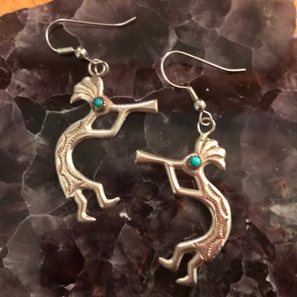 Kokopelli silver and turquoise earrings
